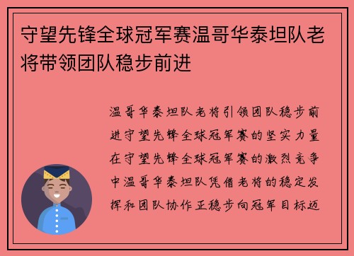 守望先锋全球冠军赛温哥华泰坦队老将带领团队稳步前进
